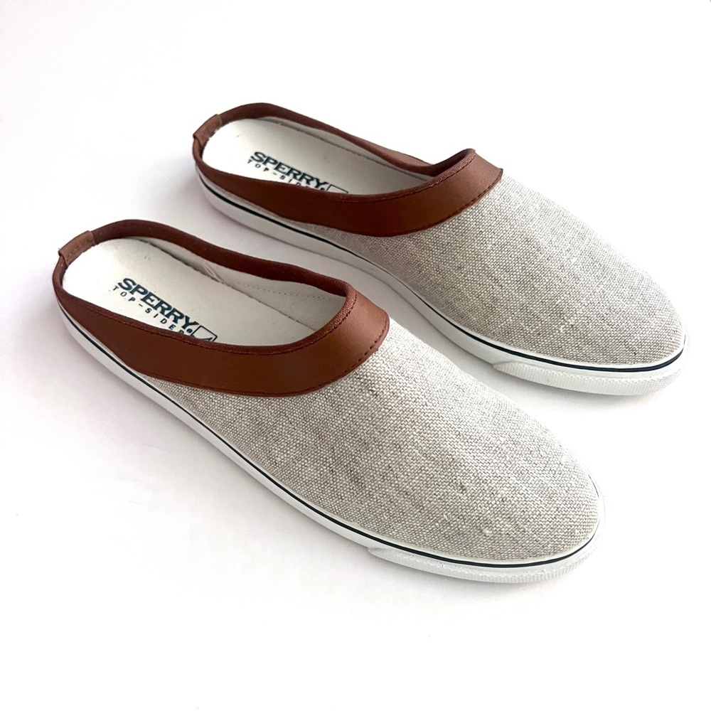 NWOT Sperry Slip On Mules Top Sider Canvas Leather Beige Oatmeal Like New Size 9